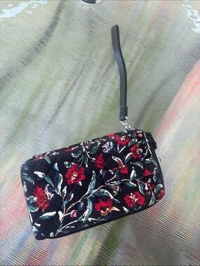 Vera Bradley Black Quilted Wristlet with Red Floral Print